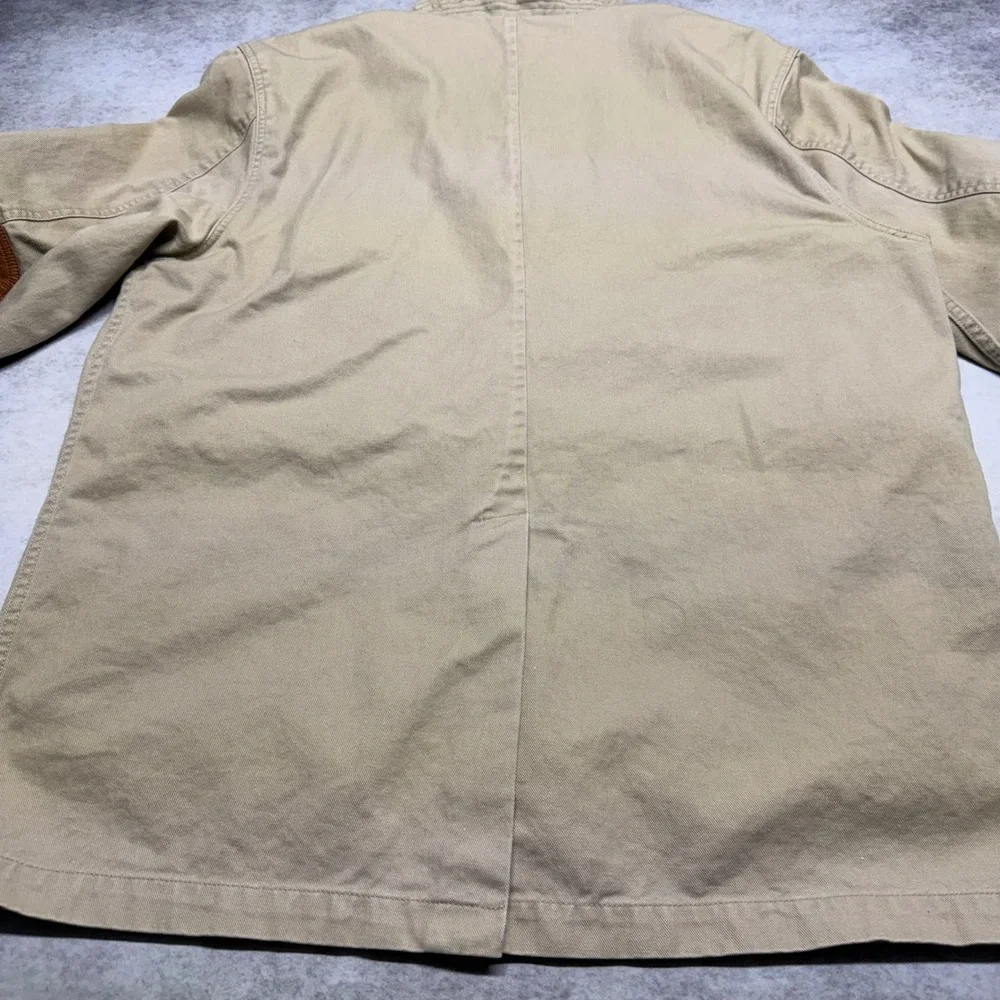 VTG Orvis Zambezi Twill Safari Field Jacket Mens 46L Tan Leather Elbow Patches